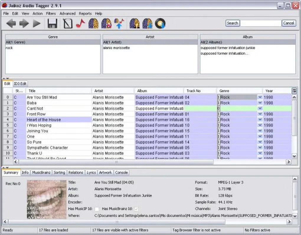 Historical Jaikoz Audio Tagger 2.9.1 Windows interface with track metadata table, artist and album filters, and artwork details