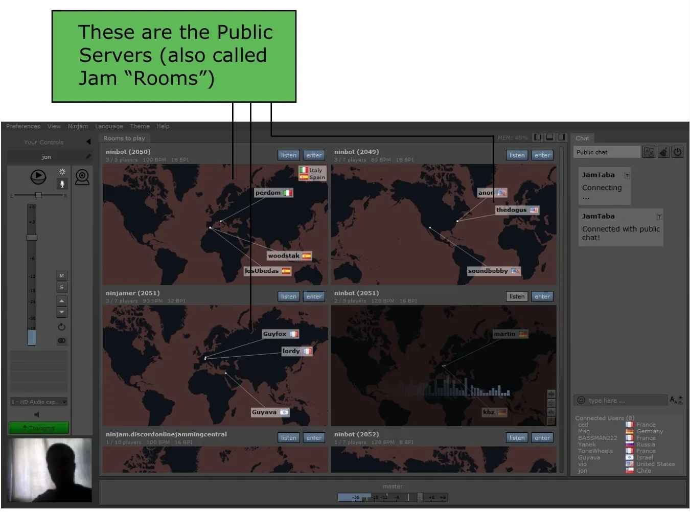 Historical JamTaba Windows room browser with musician maps, LISTEN and ENTER buttons, local audio controls and publisher annotations