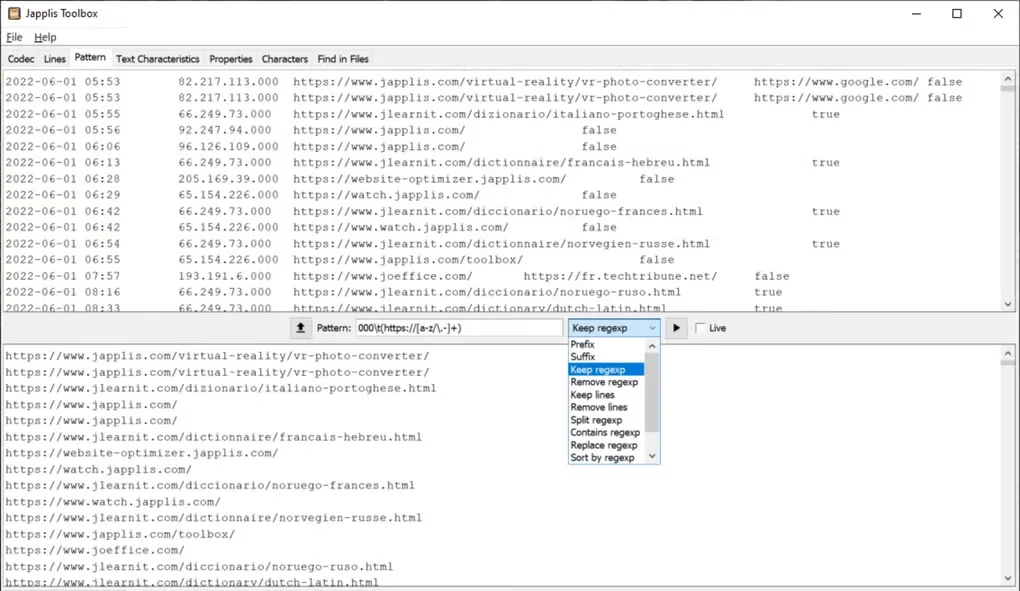 Japplis Toolbox Pattern panel extracting URLs from log-style text with Keep regexp selected