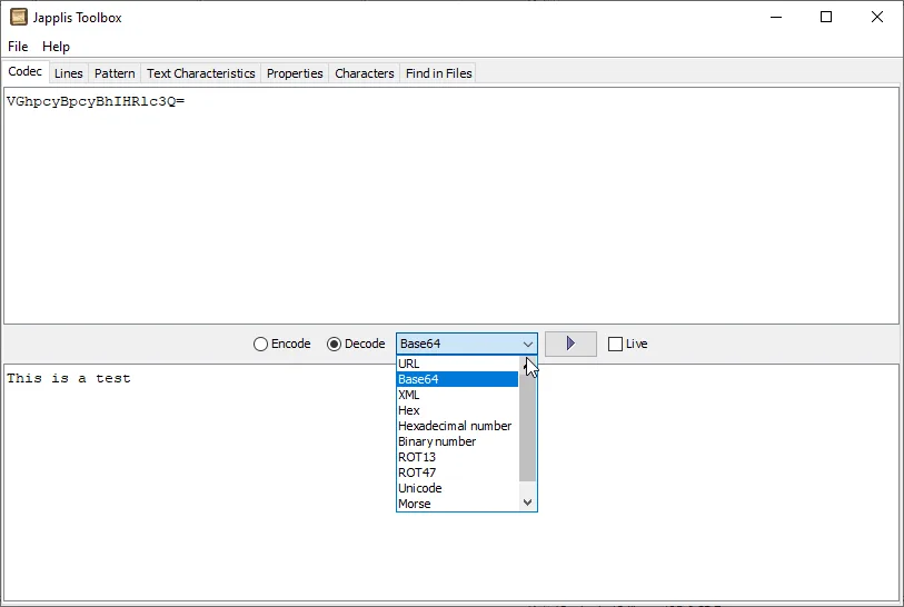 Japplis Toolbox Codec panel decoding Base64 into text, with the conversion menu open in a Windows window