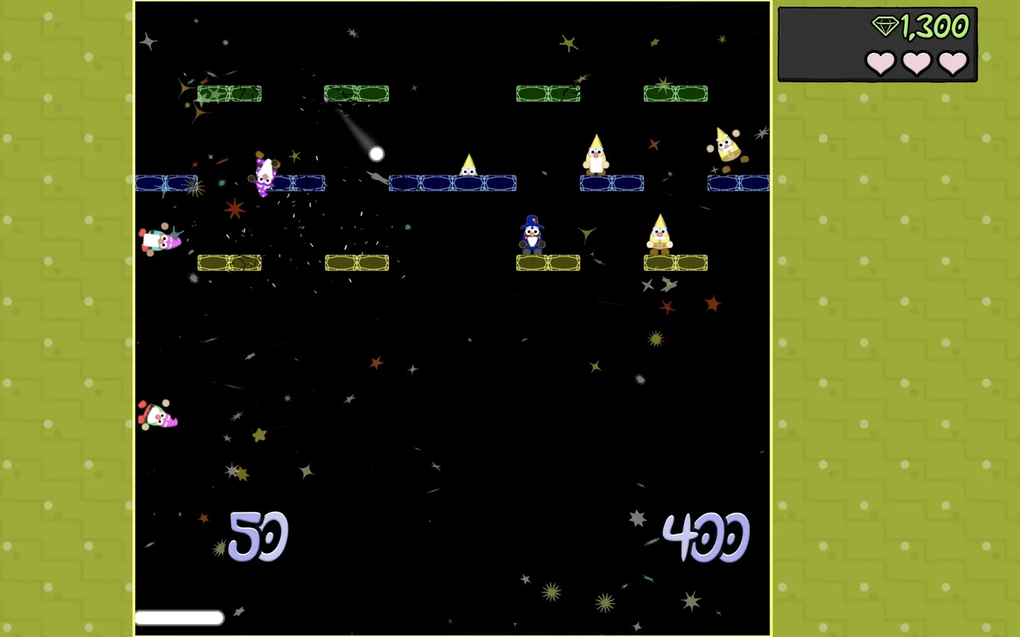 Jardinains! gameplay with gnomes on colored bricks, a ball, a bottom paddle and a score-and-lives panel