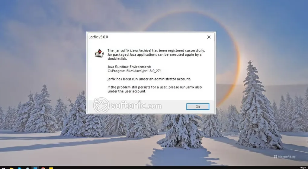 Jarfix 3.0.0 success dialog showing the restored .jar association and detected Java runtime on a Windows desktop