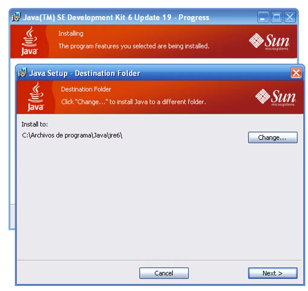 Historical Java SE Development Kit 6 Update 19 Windows setup showing the destination-folder dialog; not JDK 27.
