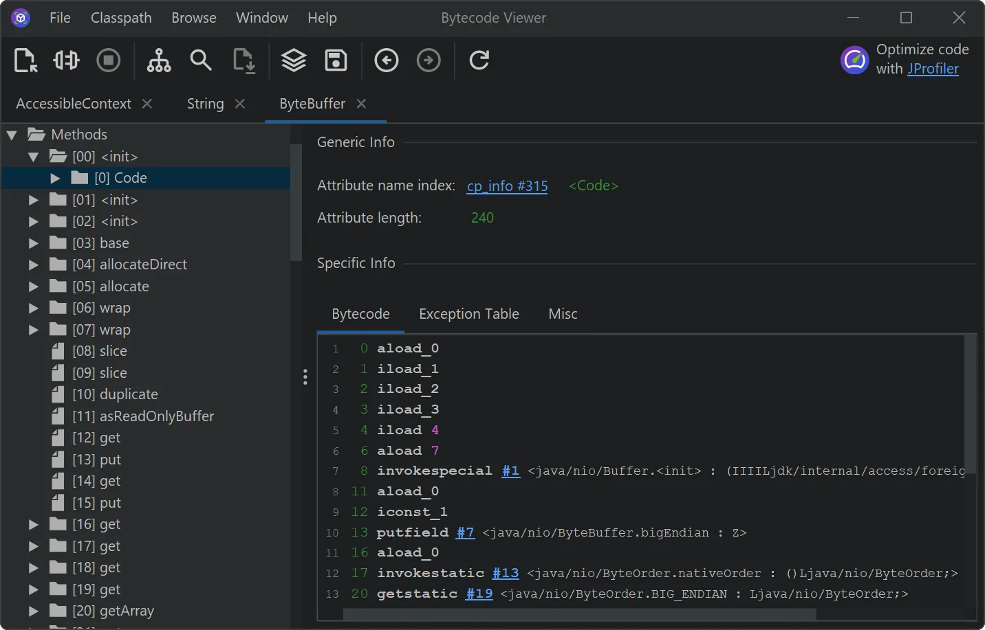 Publisher's jclasslib desktop example: dark interface with a method tree and ByteBuffer bytecode; Windows-style window controls.
