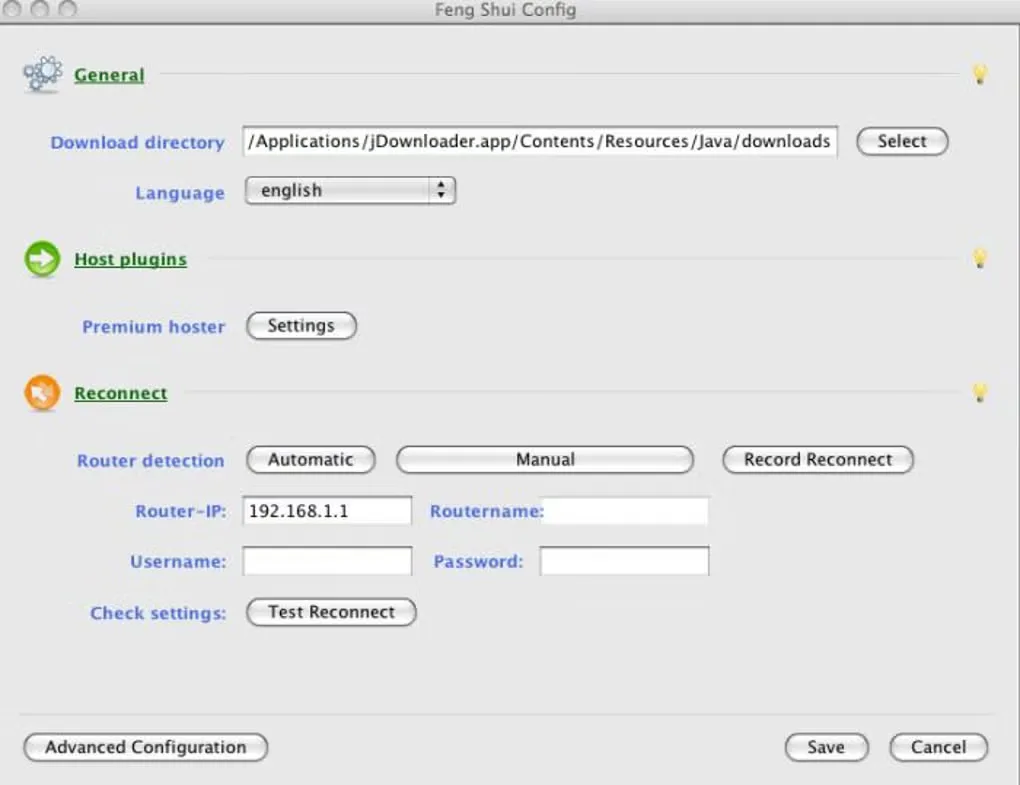 Older JDownloader Mac configuration window showing download folder, language, host-plugin and reconnect settings