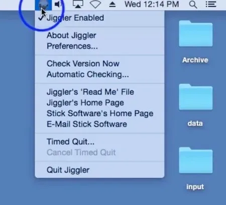 Jiggler menu on a Mac desktop showing Jiggler Enabled, Preferences, Timed Quit and Quit Jiggler.