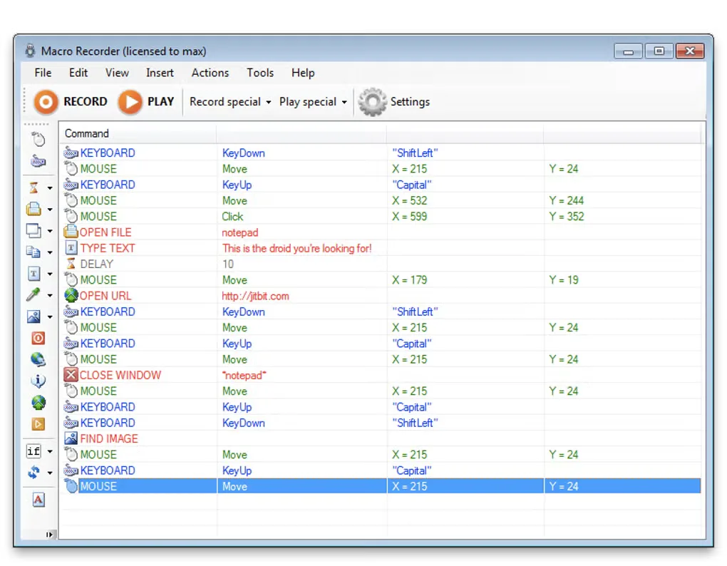 Jitbit Macro Recorder on Windows showing Record and Play controls above editable keyboard, mouse, file and delay commands