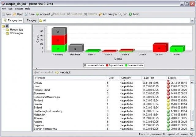 Historical jMemorize 0.9rc3 window with category tree, flashcard list and deck-progress chart.