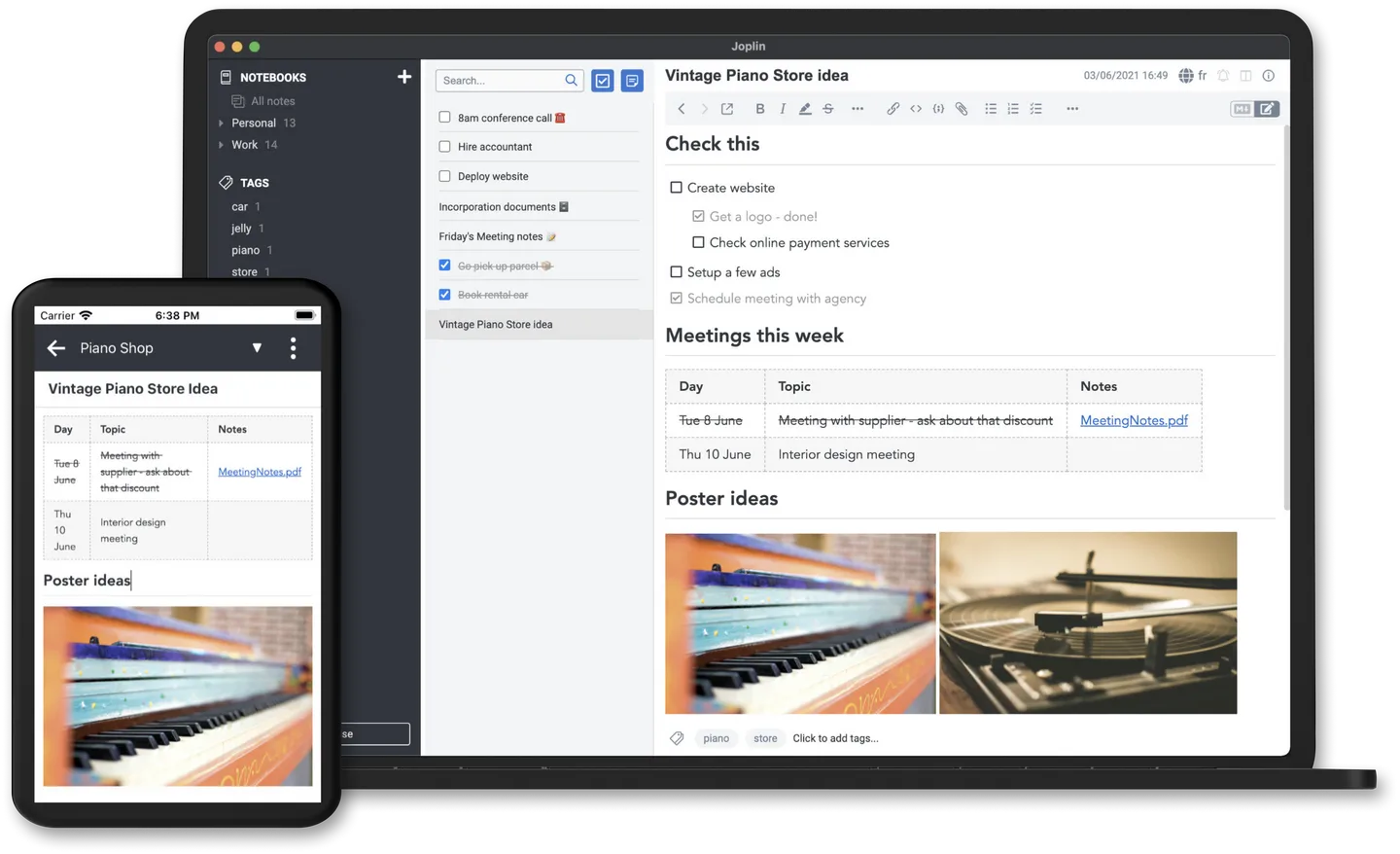 Joplin desktop and mobile interfaces displaying a piano-shop note with notebooks, tags, checklists, a table and attached images