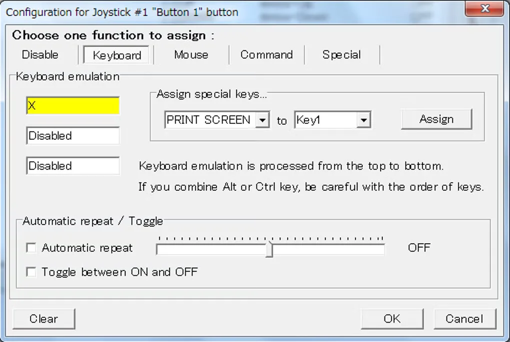 JoyToKey joystick button-assignment dialog with keyboard emulation, special-key selection, and repeat and toggle controls