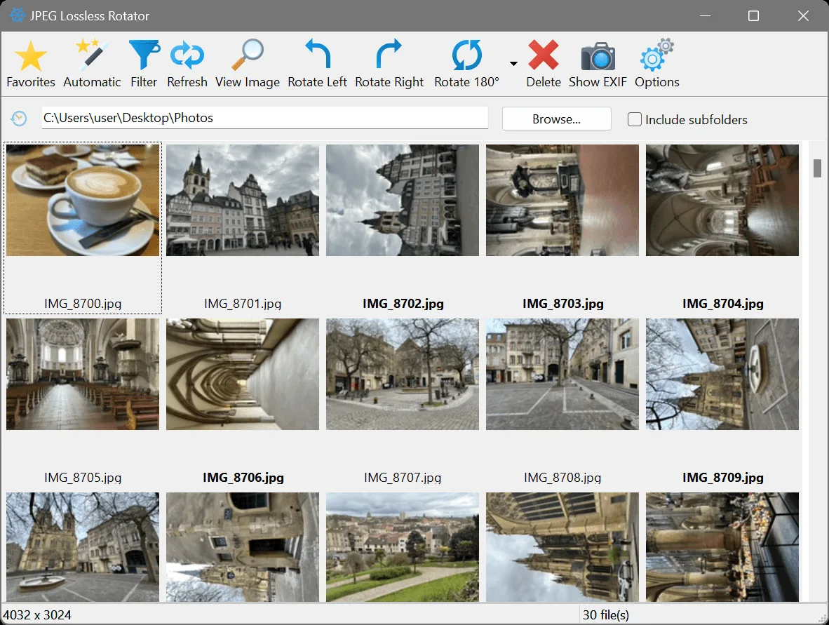 JPEG Lossless Rotator main window with photo thumbnails, Automatic and Filter buttons, rotation controls and Show EXIF.