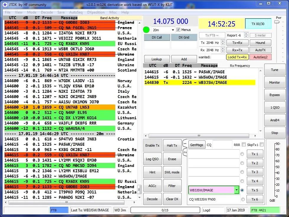 Historical JTDX v2.0.1-rc124 Windows interface showing FT8 band activity, receive-frequency messages and transmit controls