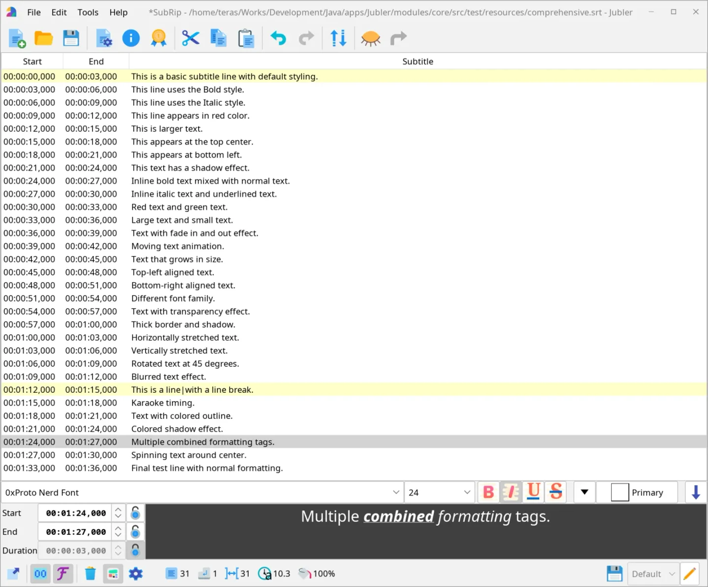 Publisher example of Jubler’s subtitle table and styling controls on Linux; Mac appearance may differ.