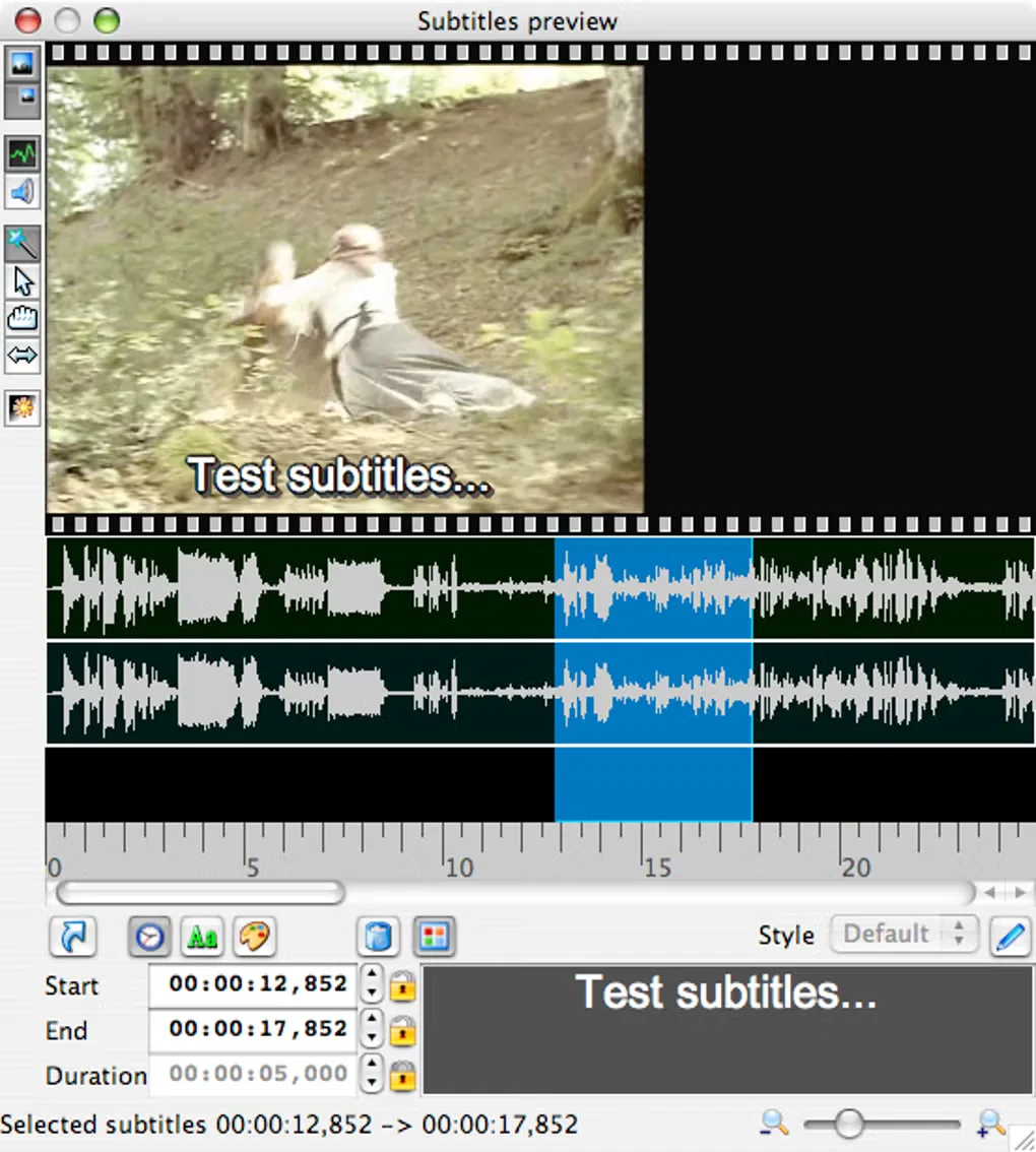 Historical Jubler subtitle preview with video, audio waveforms and timing controls; Mac-style window shown on the Windows source page