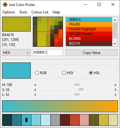 Just Color Picker on Windows showing HEX values, a magnified sampling area, saved colors, HSL controls and a gradient