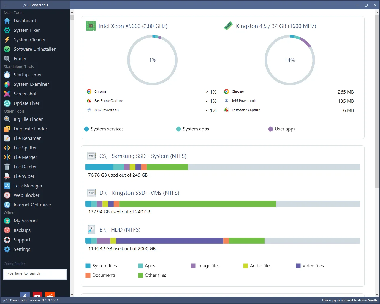 jv16 PowerTools 8.1.0.1564 dashboard showing CPU and memory charts, disk usage and the Windows maintenance tool sidebar.