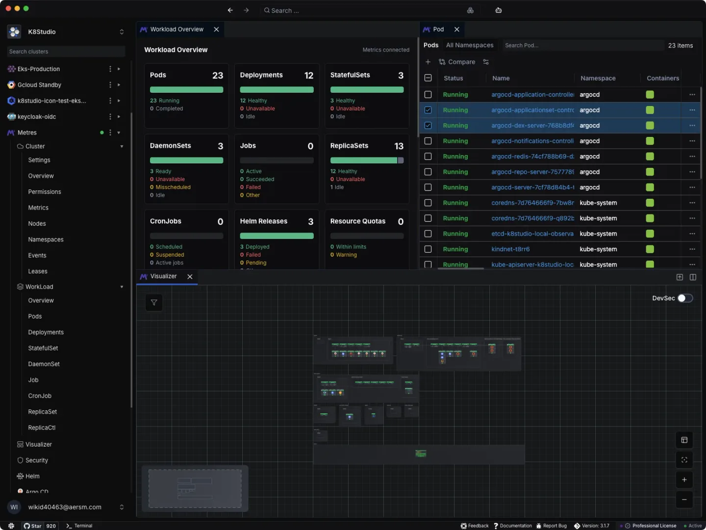 Publisher's K8Studio workspace example with workload overview, pod list and visualizer; macOS window controls are visible.
