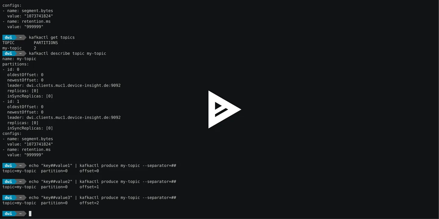 Historical kafkactl GNU/Linux terminal demo listing topics, describing my-topic and producing records; not a Windows capture