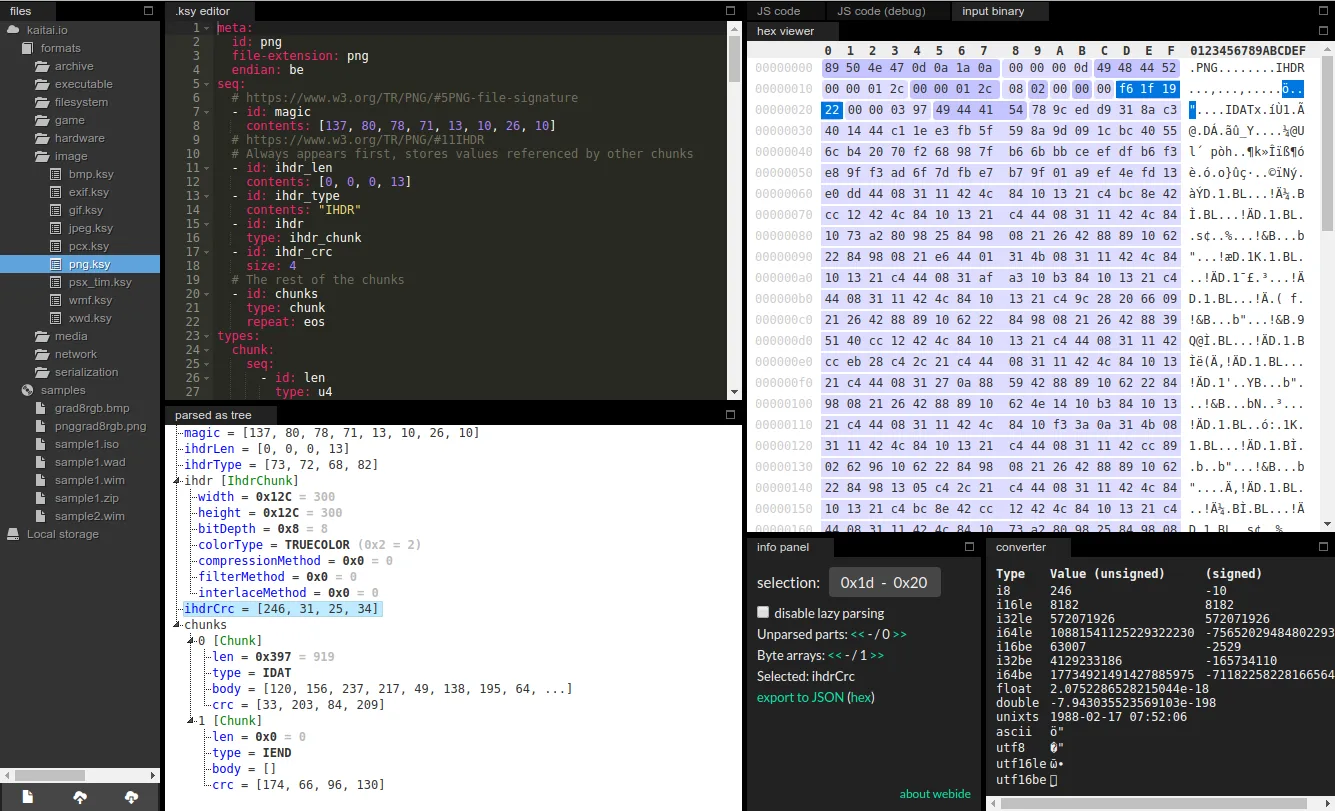 Kaitai Struct Web IDE showing a PNG .ksy specification, parsed field tree and hex viewer; separate from the Windows command-line compiler.