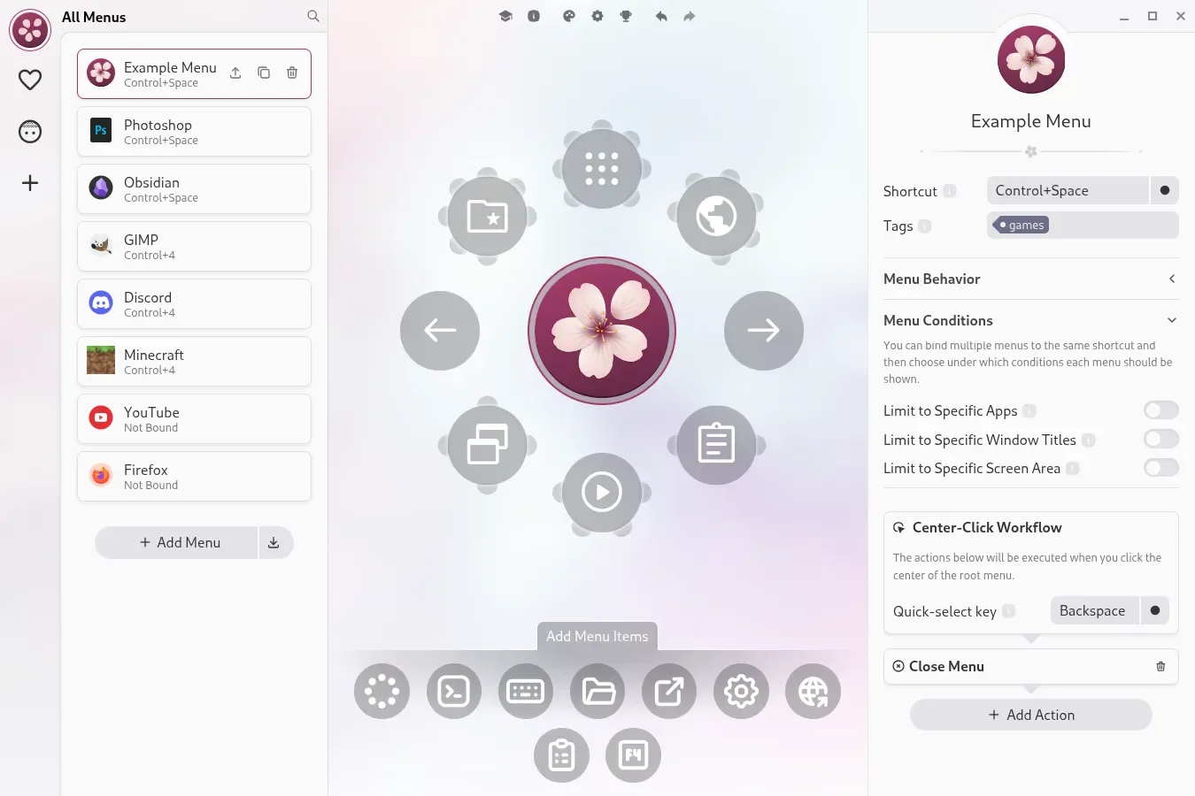 Kando menu editor showing the All Menus list, a radial example menu, shortcut settings and a center-click workflow.