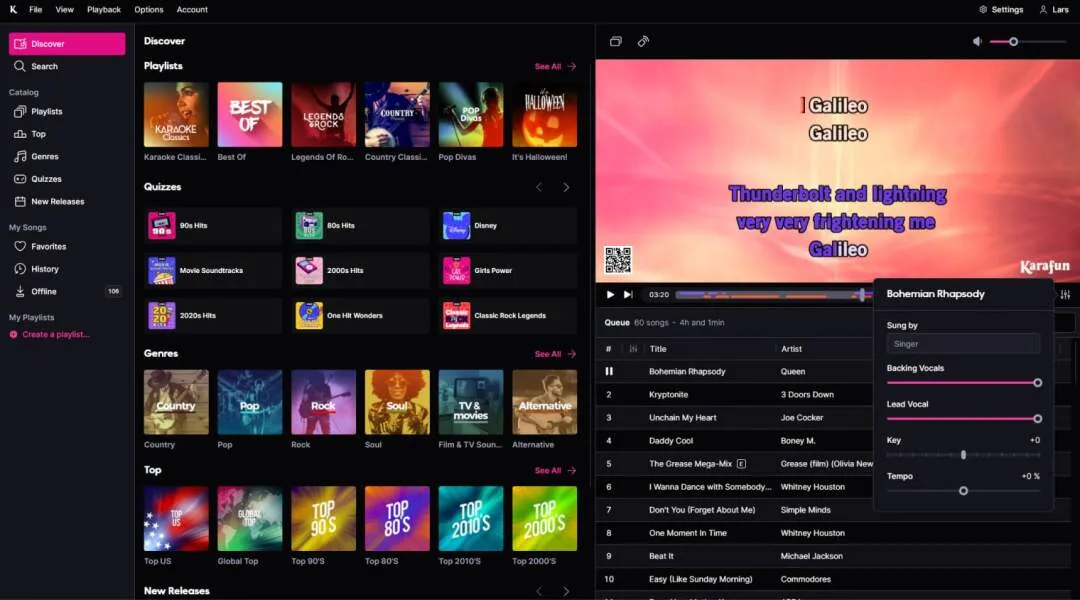 KaraFun Windows interface showing playlists, a song queue, karaoke lyrics and vocal, key and tempo controls.