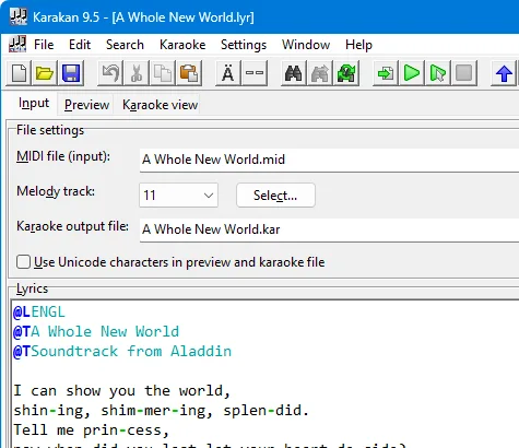 Karakan 9.5 Input tab showing MIDI file settings, melody track selection and Song Text Format lyrics on Windows