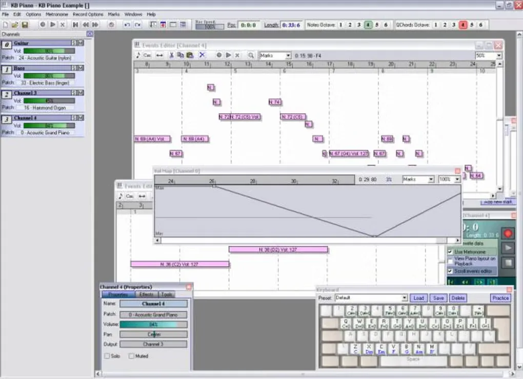 KB Piano Windows interface with instrument channels, Events Editor, volume map and keyboard mapping windows