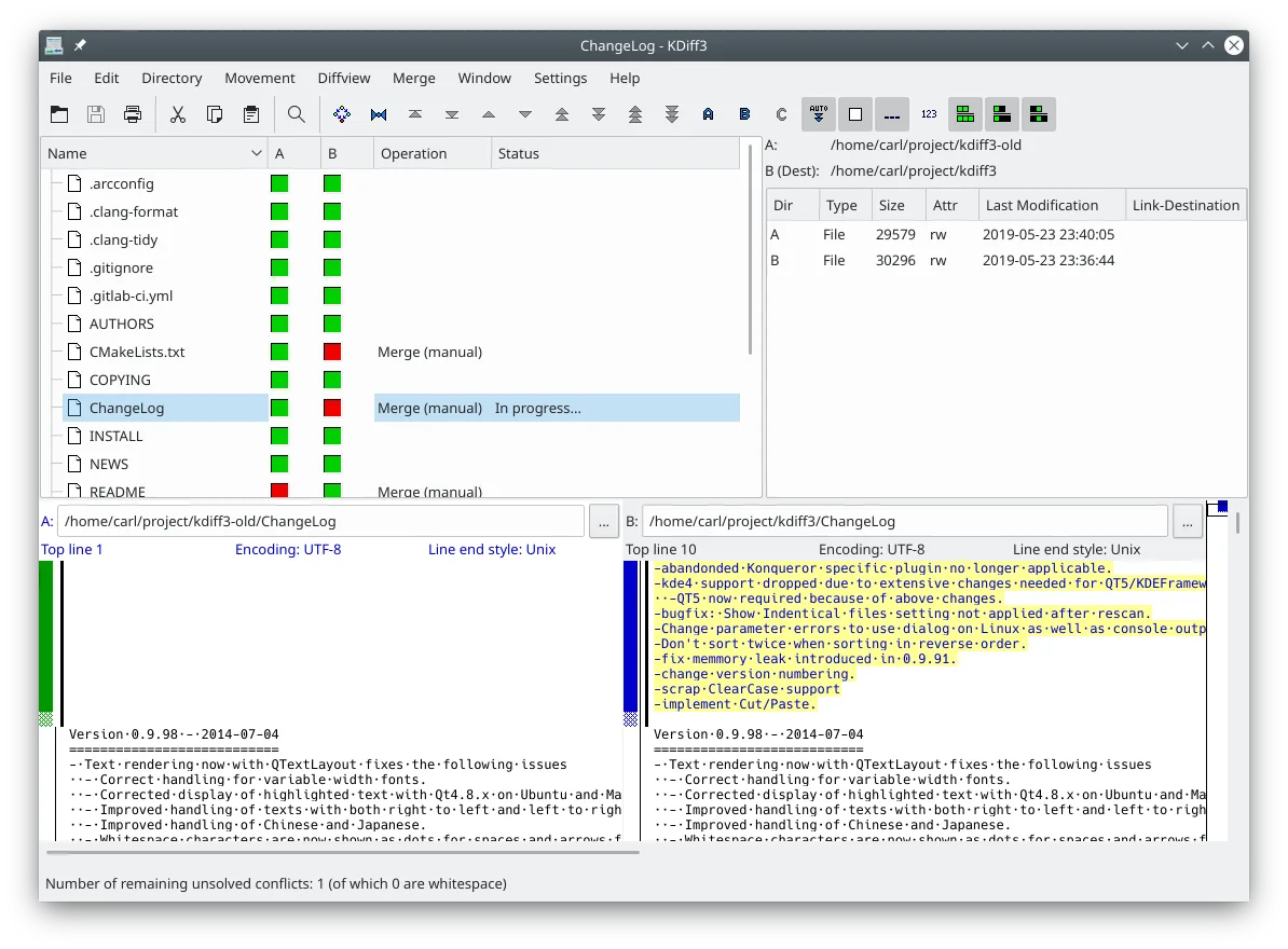 KDiff3 directory comparison and two text panes highlighting changes; KDE publisher screenshot on Linux, not the Mac build.