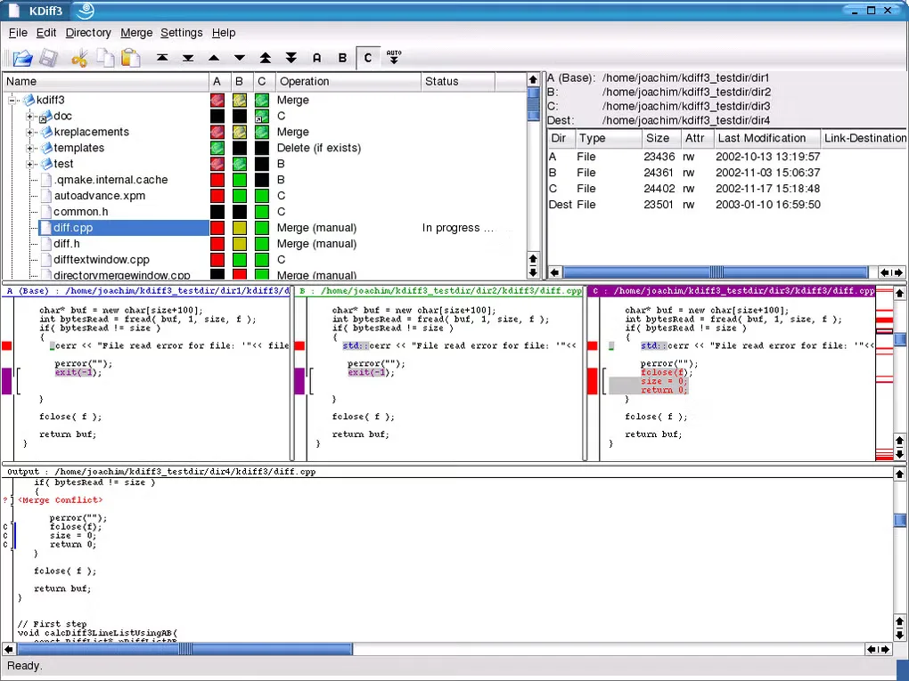 Older KDiff3 interface showing a folder comparison, three side-by-side code inputs and a merge output pane.