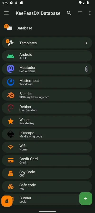 KeePassDX Android example database in dark theme, with a Templates group and entries for apps, Wi-Fi and a credit card.