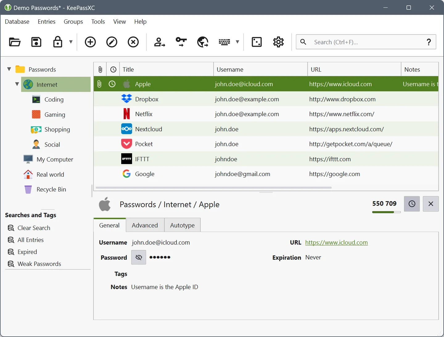 KeePassXC demo database with entry groups, login list and selected entry details; publisher Windows example, not a macOS capture.