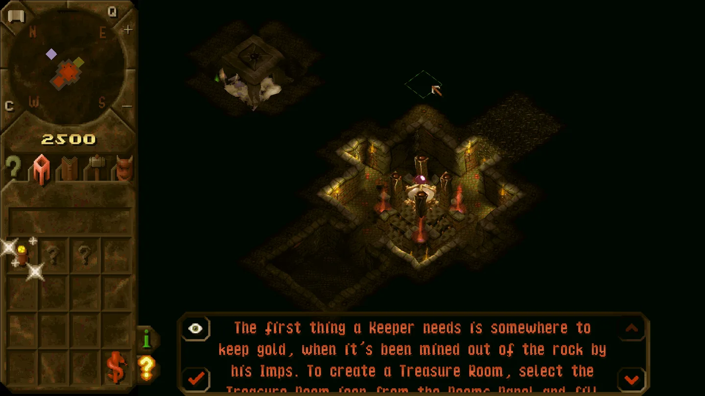 KeeperFX gameplay showing a Dungeon Heart, minimap, room controls and the tutorial message panel.