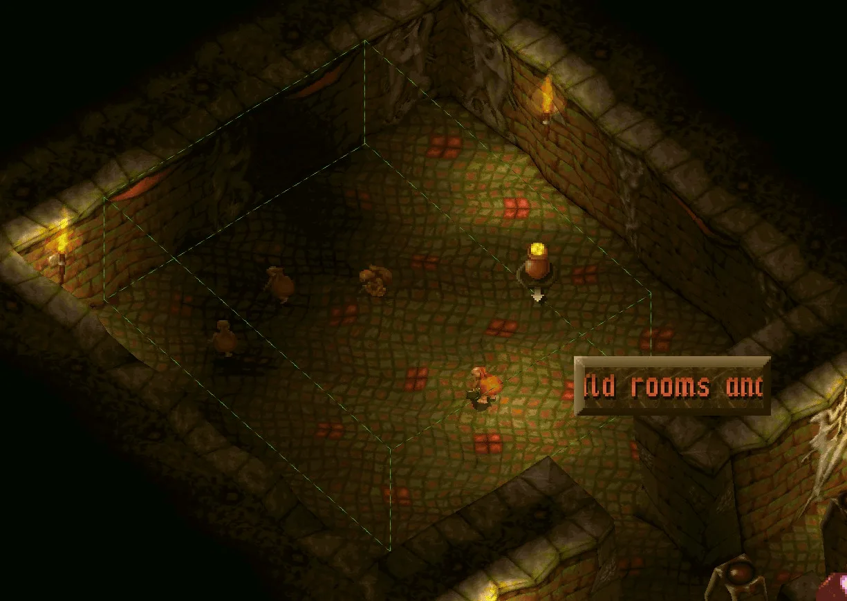 KeeperFX publisher close-up showing a green room-placement outline across a dungeon floor with creatures and torches.