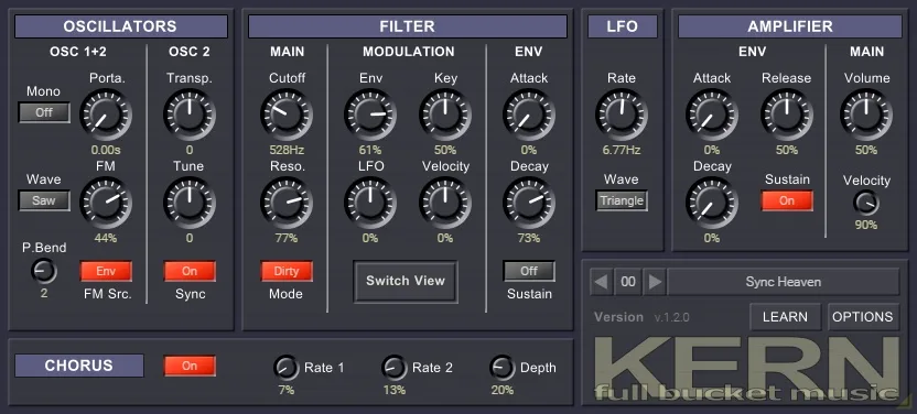 Kern synthesizer panel with oscillator, filter, LFO, amplifier and chorus controls, showing the Sync Heaven preset.