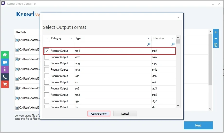 Kernel Video Converter on Windows with the Select Output Format dialog open, MP4 checked and the Convert Now button below.