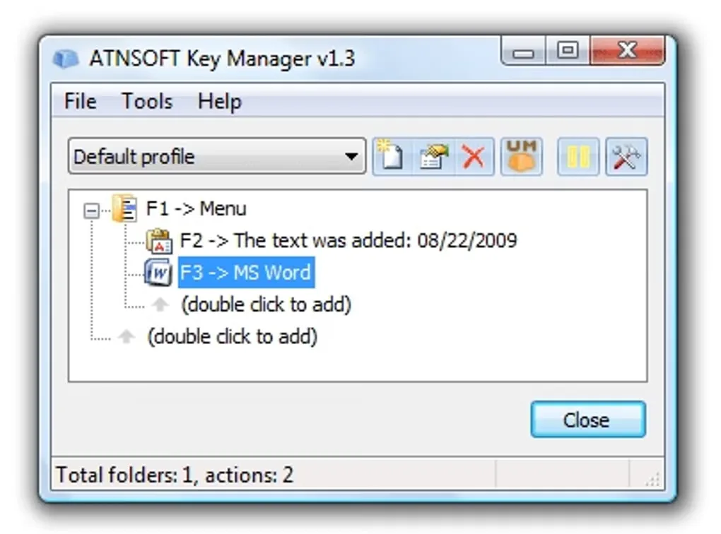 Historical Key Manager v1.3 window with a default profile, F1 action menu, F2 text shortcut and F3 MS Word shortcut