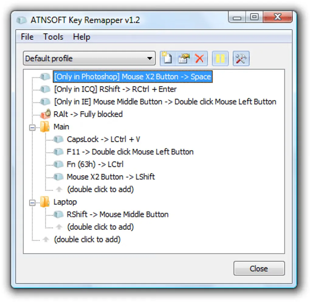Historical ATNSOFT Key Remapper v1.2 window with profile selector, application-specific mappings and blocked keys
