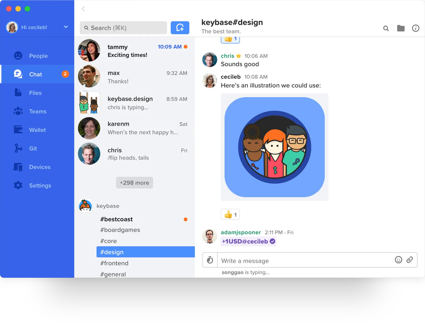 Publisher's Keybase macOS screenshot showing the chat list, team channels and a design-channel conversation.