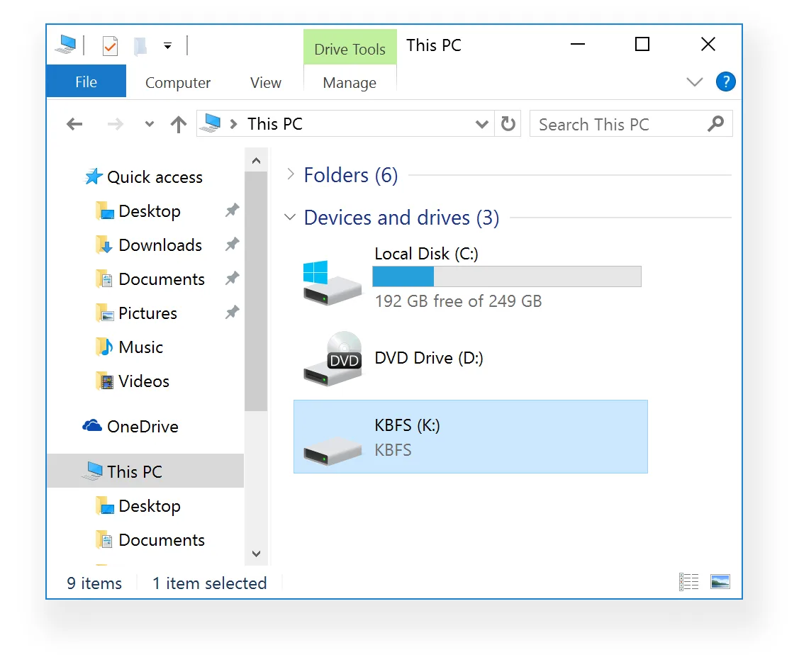 Keybase File System integration in Windows File Explorer, with the KBFS K: drive selected.