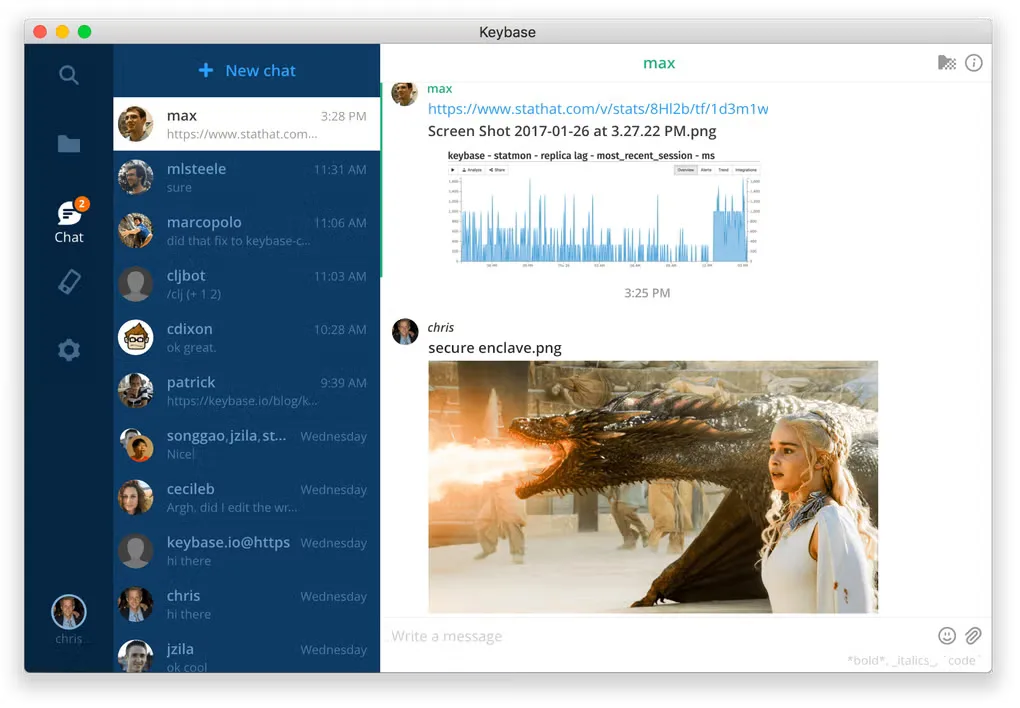 Historical Keybase desktop chat interface from Softonic’s gallery, showing macOS window controls; not a Windows capture.