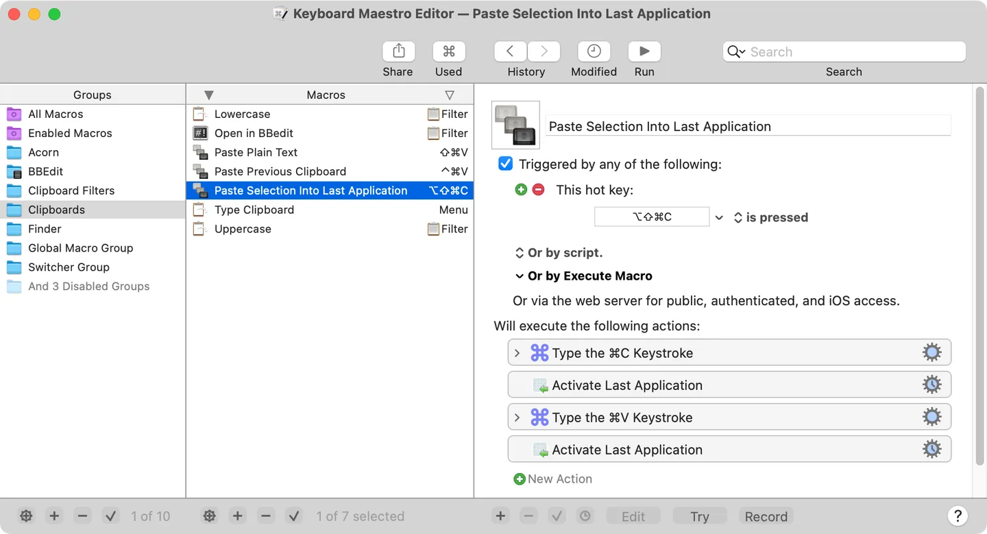Keyboard Maestro Editor showing macro groups, clipboard macros and the triggers and actions for Paste Selection Into Last Application