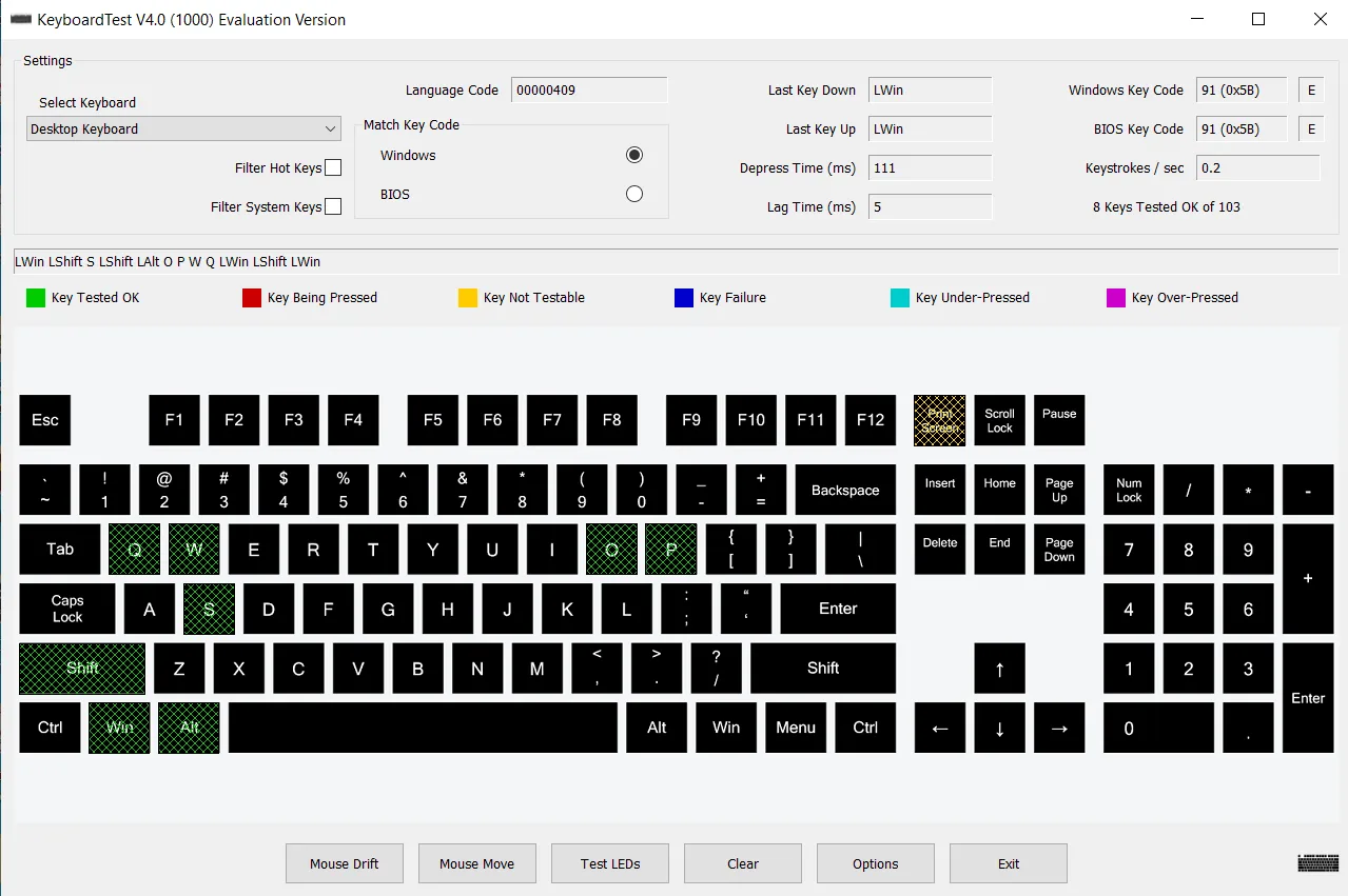 KeyboardTest 4.0 evaluation interface with a desktop keyboard, highlighted tested keys, scan-code fields and timing controls