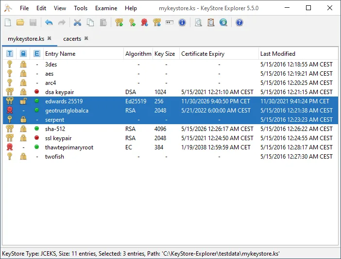 KeyStore Explorer 5.5.0 on Windows showing keystore entries, algorithms, key sizes and certificate expiry dates