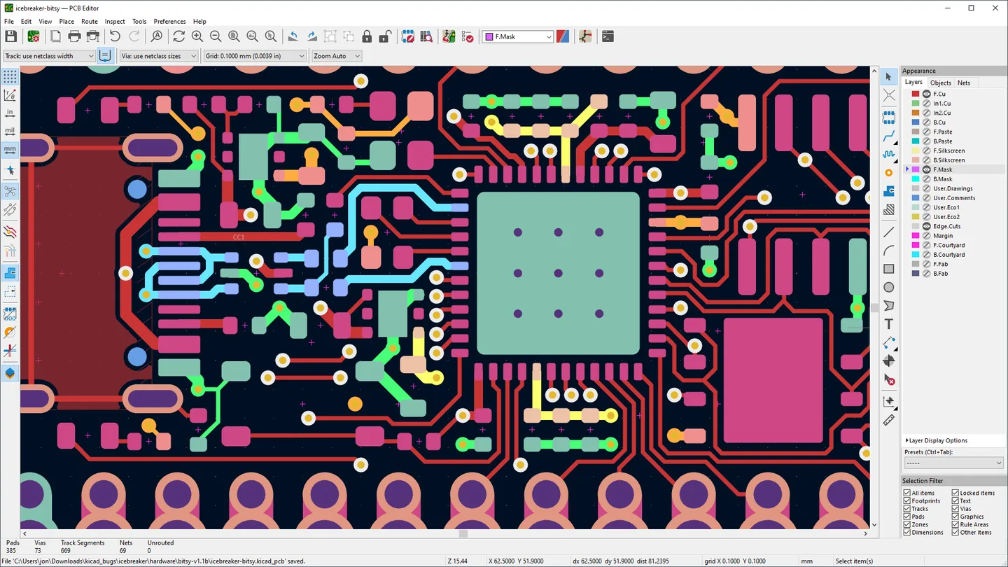 KiCad PCB Editor on Windows showing iCEBreaker Bitsy tracks, pads, routing toolbars and the layer panel.