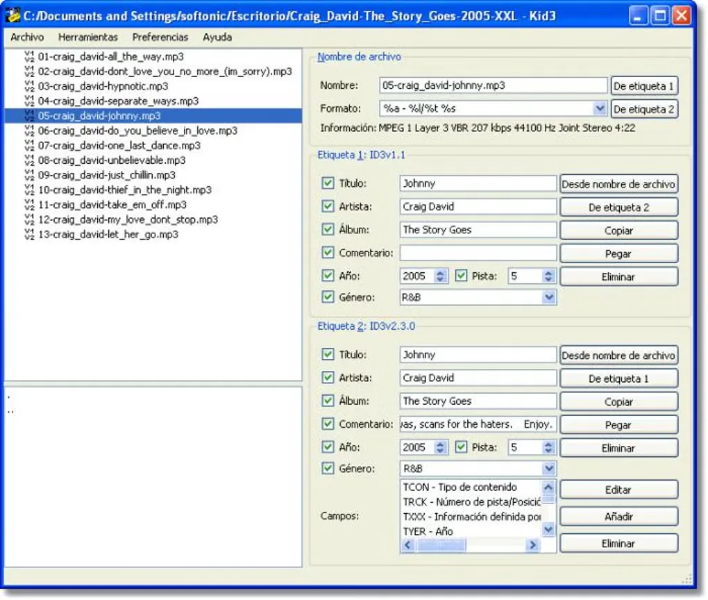 Historical Kid3 Windows interface in Spanish, showing an MP3 track list and ID3v1 and ID3v2 tag panels
