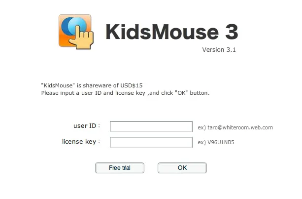 Historical KidsMouse 3.1 license screen with user ID and license key fields, Free trial and OK buttons