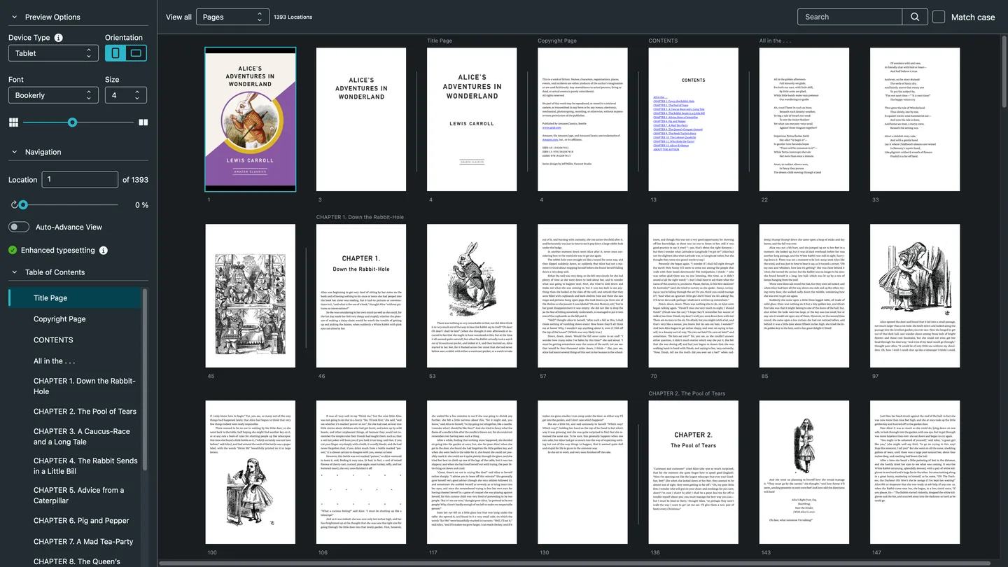 Kindle Previewer 4 dark interface showing a page overview of Alice’s Adventures in Wonderland and device, font and navigation controls.