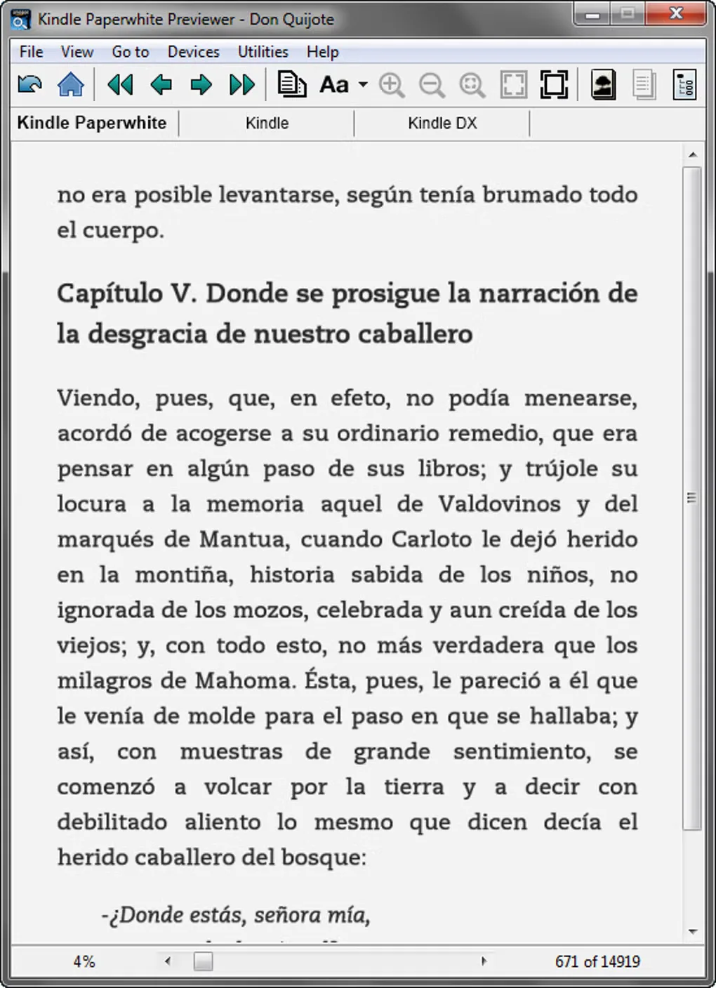 Legacy Kindle Previewer Windows interface showing Don Quijote, device tabs and page navigation; not the Previewer 4 interface