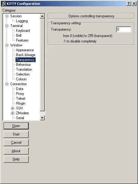 Historical KiTTY Configuration window with the Transparency category selected and a transparency value field.