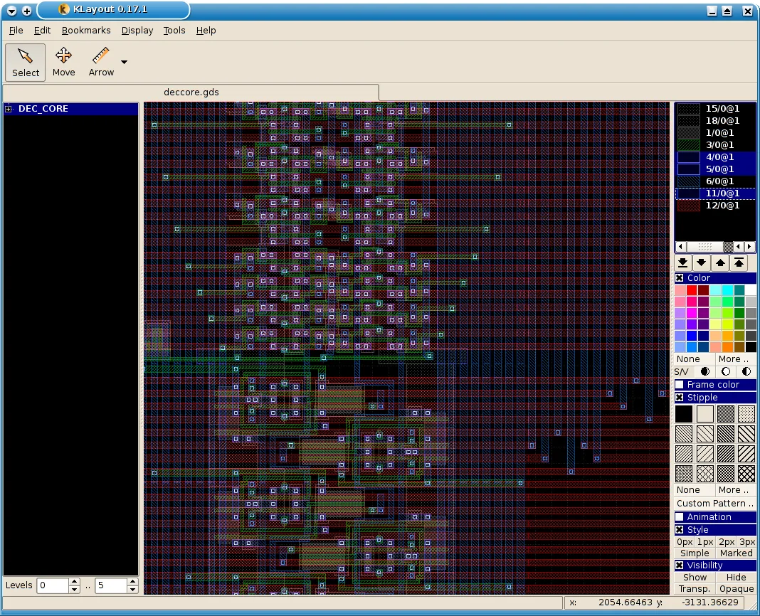 Historical KLayout 0.17.1 publisher screenshot showing a GDS logic layout, DEC_CORE cell tree and colored layer controls; not the current Windows interface.